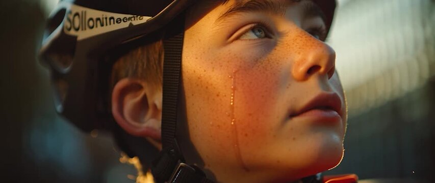 Anamorphic video young boy wearing a cycling helmet, with his face visibly glistening with sweat and flushed from exertion 