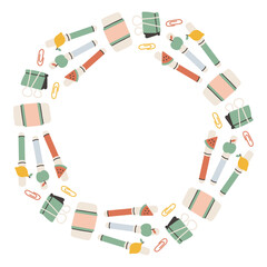 Simple school circle frame. Round school themed border made of different school objects. Soft pastel colors back to school hand drawn vector banner isolated on white background.