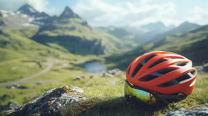 Red bicycle helmet resting on grass overlooking a mountain valley.