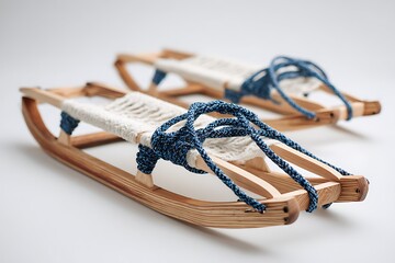 Two Wooden Sleds with Blue Ropes and Cream Seats on a White Background