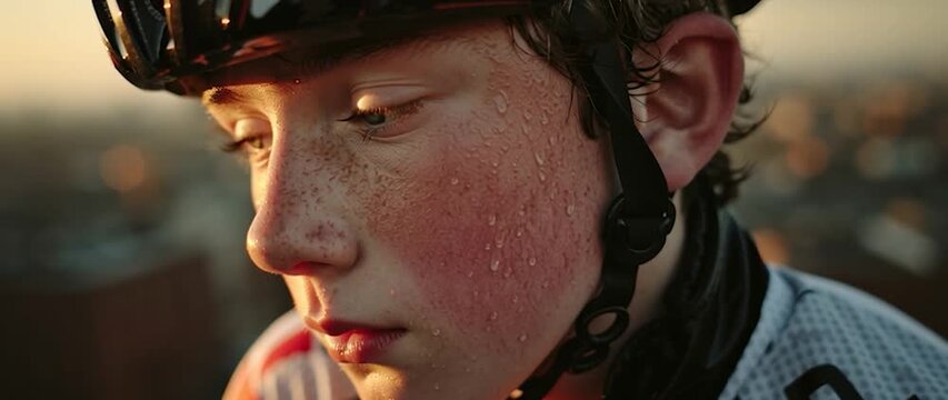Anamorphic video young boy wearing a cycling helmet, with his face visibly glistening with sweat and flushed from exertion 