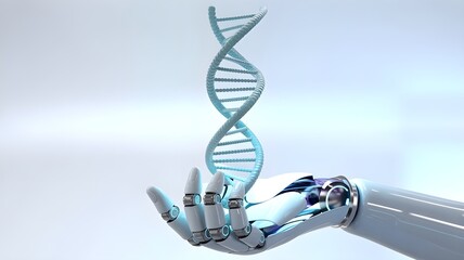 Robot android hand holding cyber DNA