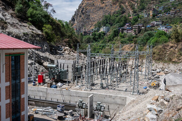 New hydroelectric plant under construction in Syafrubesi Rasuwa town in Langtang national park, Nepal. It is a facility that generates electricity by harnessing the energy of moving water.