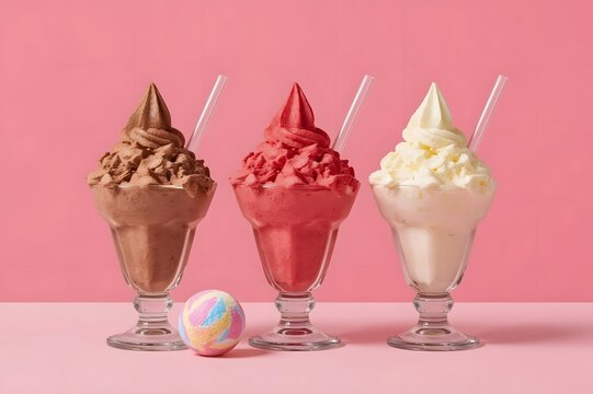 3 sundae ice cream in Brown, red, and multi bubble gum, and a screwball