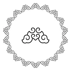 Stylized traditional cloud forms create a circular border around a symmetrical motif.