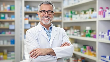 Experienced pharmacist standing confidently with crossed arms in pharmacy, surrounded by medicine shelves, conveying professional expertise and reliable healthcare service - Powered by Adobe