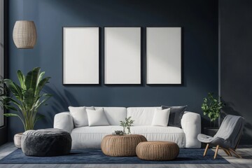 Living room with white sofa and three blank picture frames