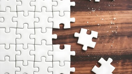 Completing a challenging white puzzle on a warm wooden surface represents finding perfect solutions and strategic success.