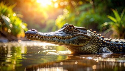 Fototapeta premium Crocodile's Gaze: Sunlit Waters Reflecting the Reptile's Scaly Skin and Sharp Teeth