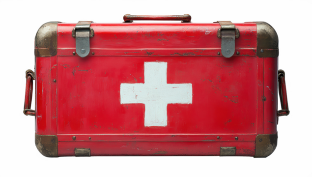 Antique red first aid box with white cross for medical and healthcare use, PNG, isolated on transparent background.