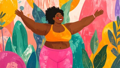 Body confident woman embracing her body, expressing self-love and self-acceptance. Young plus-size woman standing in a studio in fitness clothing, embracing her natural physique with joy.