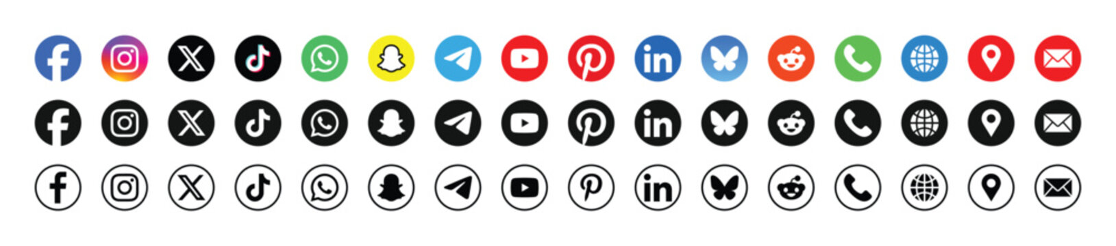 Social media logo and contact icon vector collection 2025. facebook, instagram, x, linkedin, tiktok, whatsapp, youtube, email, phone, location