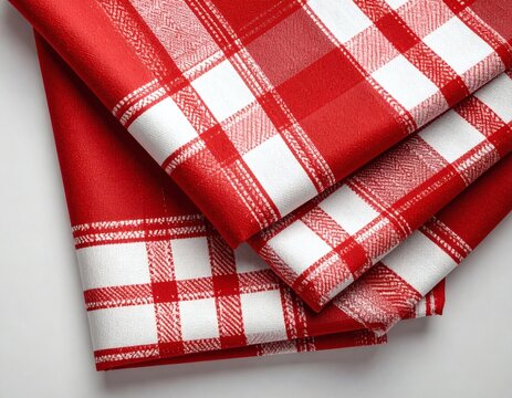 Classic red and white checkered gingham tablecloth or picnic blanket folded neatly on a plain background. Rustic country style kitchen textile.