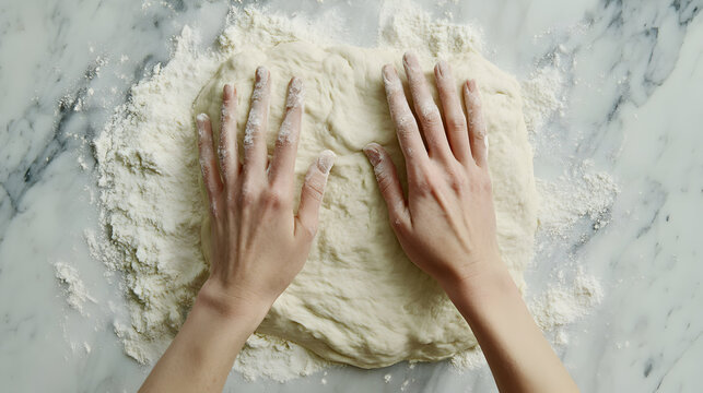 Hands kneading dough on marble surface