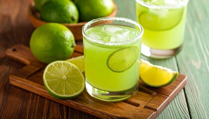 Fototapeta premium Refreshing lime drinks on a wooden surface
