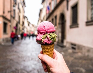 Ethereal shot of a classic gelato scoop in a cone, melting slightly, against a soft-focus European background, cinematic, full HD, artistic detail.
