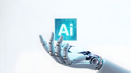 White Hand of Humanoid Robot is Holding and Showing Innovative and Advanced AI Accelerated Chip. Cooperation with Artificial Intelligence. Humanoid Robot Hand with Glowing Futuristic Processor