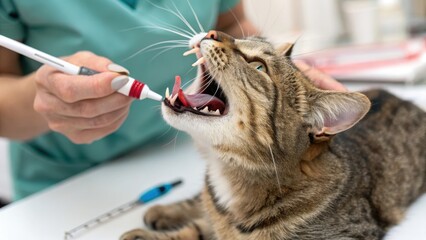 Cat Dental Care Cleaning Procedure by Veterinarian with Toothbrush