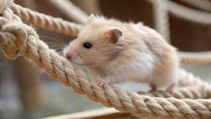 Cute Hamster Climbing a Rope with Soft Fur and Bright Eyes