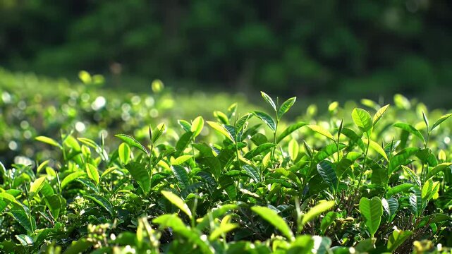 Sun Drenched Green Tea Leaves Shimmering Dew in Morning Light on a Lush Plantation Verdant Foliage Creates Tranquil Backdrop Represents Freshness and Natural Beauty Camellia Sinensis Thea Sinensis