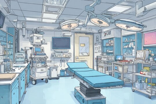 Interior of a brightly lit, cartoon-style operating room