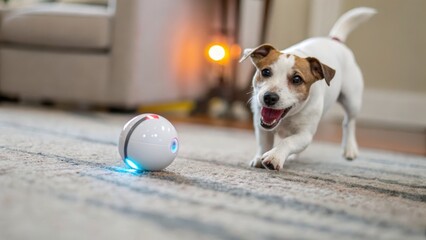 Playful Dog Chasing Interactive Toy Ball in Cozy Living Room Setting