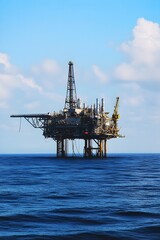 Offshore oil rig platform in ocean under blue sky