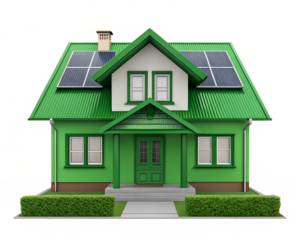 Green house equipped with solar panels promoting sustainable energy, PNG, isolated on transparent background.