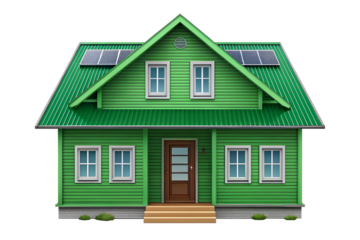 Bright green house with solar panels on roof representing energy efficiency and sustainable living, PNG, isolated on transparent background.