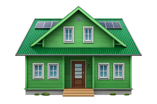 Bright green house with solar panels on roof representing energy efficiency and sustainable living, PNG, isolated on transparent background.