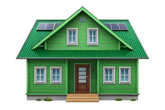 Bright green house with solar panels on roof representing energy efficiency and sustainable living, PNG, isolated on transparent background.