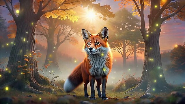 A striking red fox stands poised in a mystical forest, its fur glowing in the golden sunlight filtering through the colorful autumn leaves. Enchanting scene is illuminated by magical floating light - Powered by Adobe