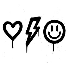 Graffiti Icons Set &ndash; Heart, Lightning, Smiley with Spray Paint Effect
This balances key search terms (&ldquo;graffiti icons,&rdquo; &ldquo;spray paint effect&rdquo;) with vivid descriptors while staying concise and scannable