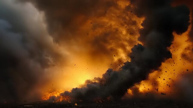 Dramatic firestorm with intense flames and dark smoke billowing upwards in a powerful and