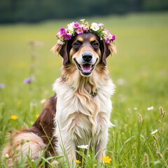 Happy Australian Shepherd on a summer blooming meadow. Adorable sitting dog with a flower wreath on his head. Background.