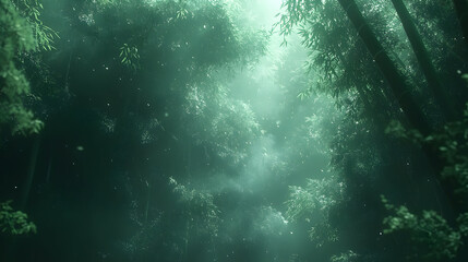 Naklejka premium Dense green forest with fog or mist, sunlight filtering through trees.