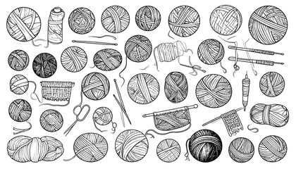 Assorted hand-drawn yarn balls and knitting accessories in a sketch style illustration