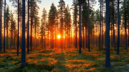 Fototapeta premium Sunset through pine trees in a forest