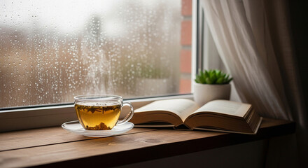 Enjoying a relaxing afternoon reading a book while sipping tea on a rainy day indoors by the window