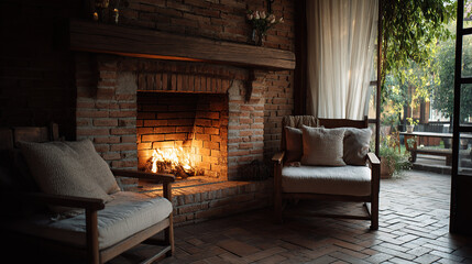 Cozy rustic brick fireplace with glowing fire, armchair, and warm ambient lighting in living room interior