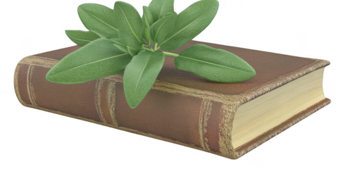 Old book with green leaves on top on transparent png background