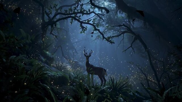 Whimsical Deer in Enchanted Forest at Night. The atmosphere is serene and dreamlike, evoking a sense of fantasy and the beauty of nature in the twilight. 