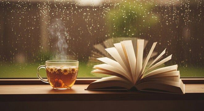 Cozy rainy day reading with steaming herbal tea on a wooden windowsill, perfect for relaxation - Powered by Adobe
