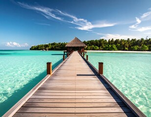 Obraz premium Tranquil wooden pier extends into turquoise water, leading to a tropical beach hut.