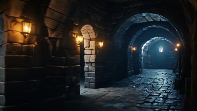 Stone Prison Corridor with Arches and Flashing Lights. 4k videos