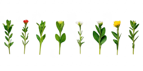 Various colorful flower stems isolated on transparent png background