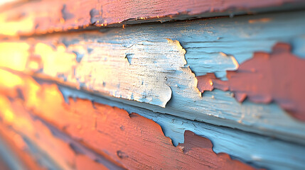 Close-up of peeling paint on weathered wooden planks.