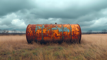 Obraz premium Rusty metal barrel in a field under a cloudy sky