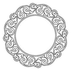 Elegant black and white circular frame features intricate scrollwork pattern.
