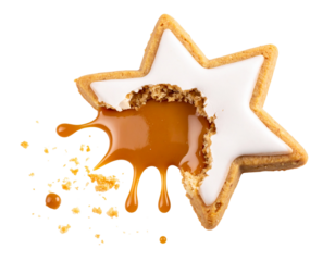 Broken Star Cookie with Sticky Caramel Pulling Between Halves, Close-Up Angle, Isolated